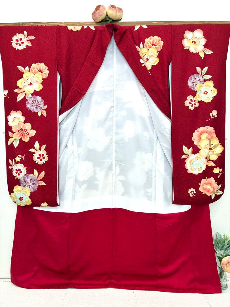 成人式　振袖フルセット　1137 真紅花柄　　正絹　振袖　格安！