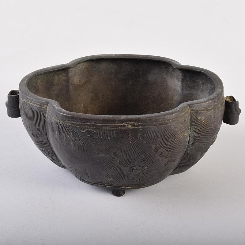 中国　古銅　波刻　木瓜形双耳香炉　M　R8837