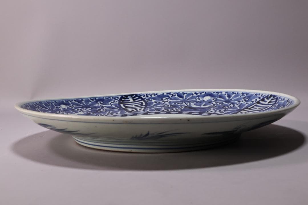 江戸中期　古伊万里　染付　大皿　花鳥風月図　角福銘　直径42㎝ BJ200