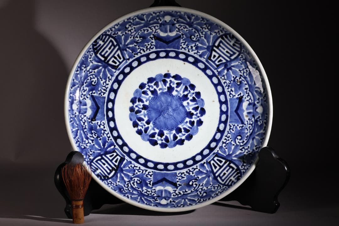 江戸中期　古伊万里　染付　大皿　花鳥風月図　角福銘　直径42㎝ BJ200