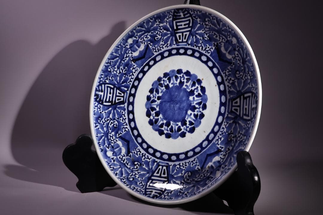 江戸中期　古伊万里　染付　大皿　花鳥風月図　角福銘　直径42㎝ BJ200