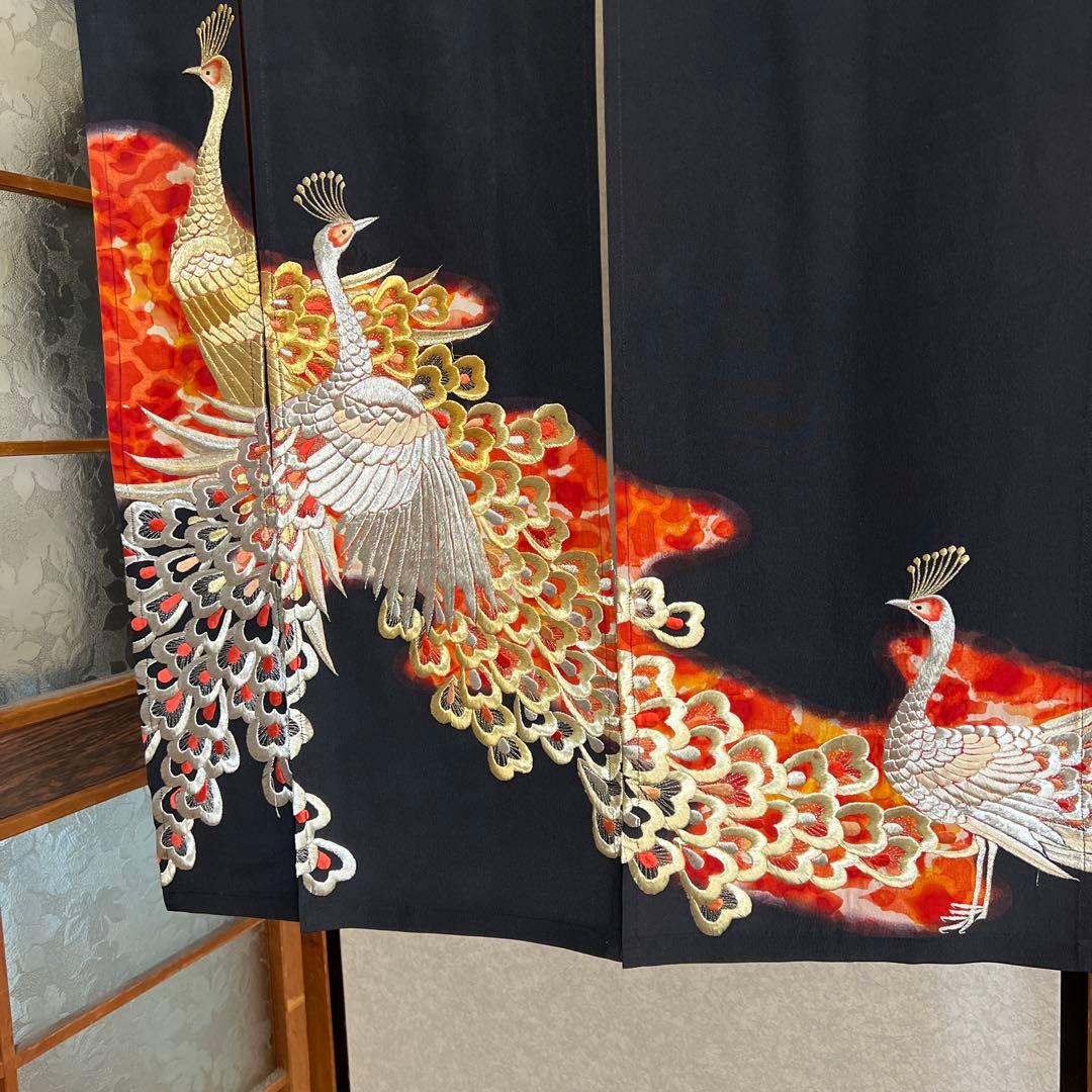 113/101,着物リメイクーのれん、鳳凰、刺繍加工、！