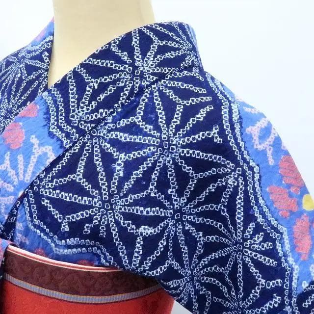 Y3232◆美品 綿 有松鳴海絞り 背・胸・居敷当付 手縫い 麻の葉 高級浴衣