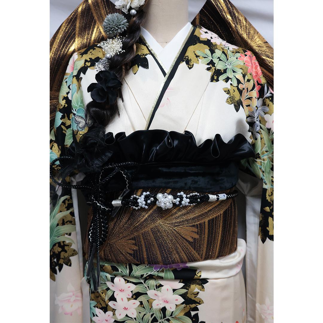 難あり■振袖・帯2点セット ◆人気のアイボリーホワイト系47Td