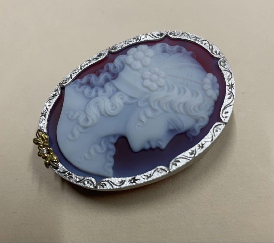 オ*ー様 Ｋ１８　SV９２５　メノーカメオ　ダイヤモンド付き　ブローチ　ペンダン