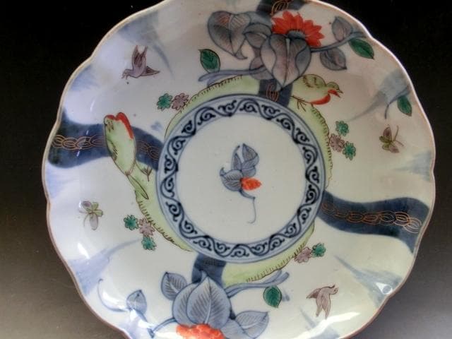 皿■角福 色絵花鳥紋捻子皿 5枚 古伊万里(江戸後期～明治期)時代物 古い骨董