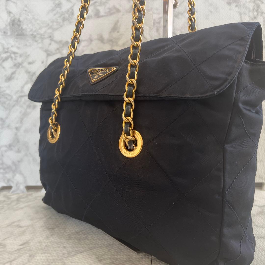 プラダ ダブルチェーン キルティング ショルダーバッグ ナイロン 三角ロゴ