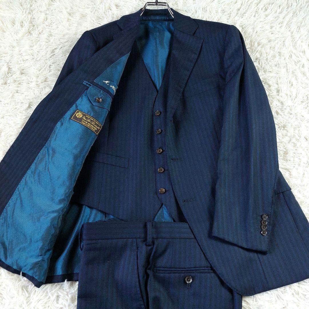 美品 ロロピアーナ ミケランジェロ シャドーストライプ柄3ピーススーツ ネイビー