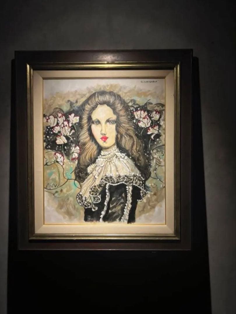 石阪春生　油彩画　シクラメンの花 『女の居る風景』