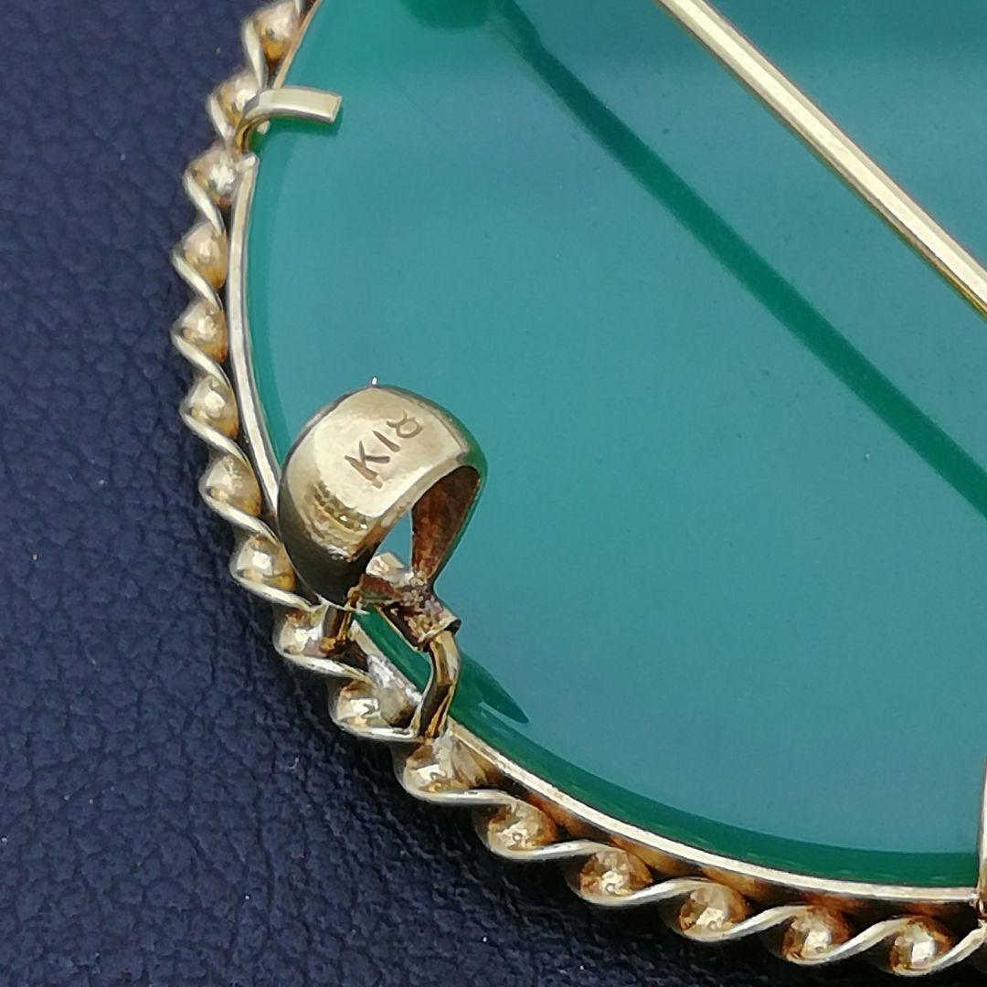 K18　✨美人メノウカメオ✨　ブローチ時々ペンダントトップ　グリーンメノウカメオ