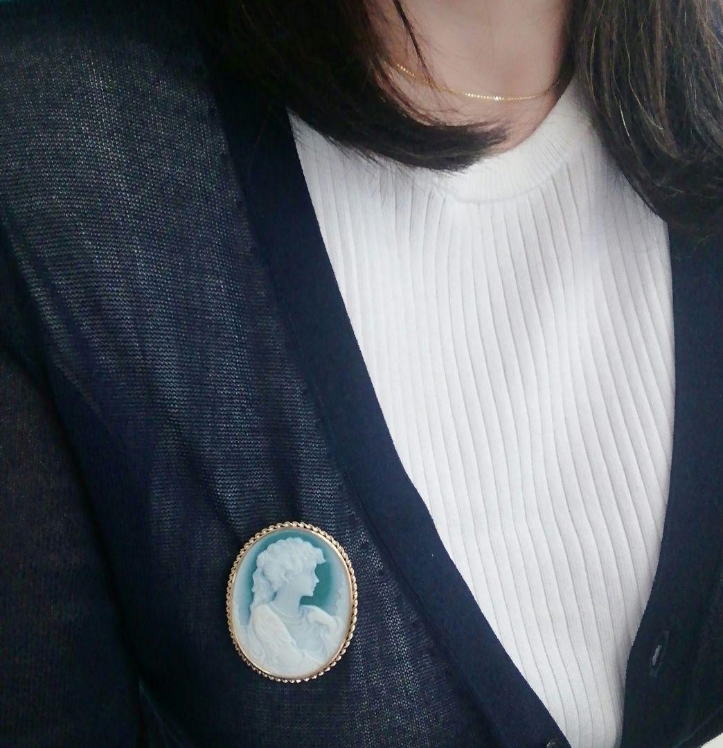 K18　✨美人メノウカメオ✨　ブローチ時々ペンダントトップ　グリーンメノウカメオ