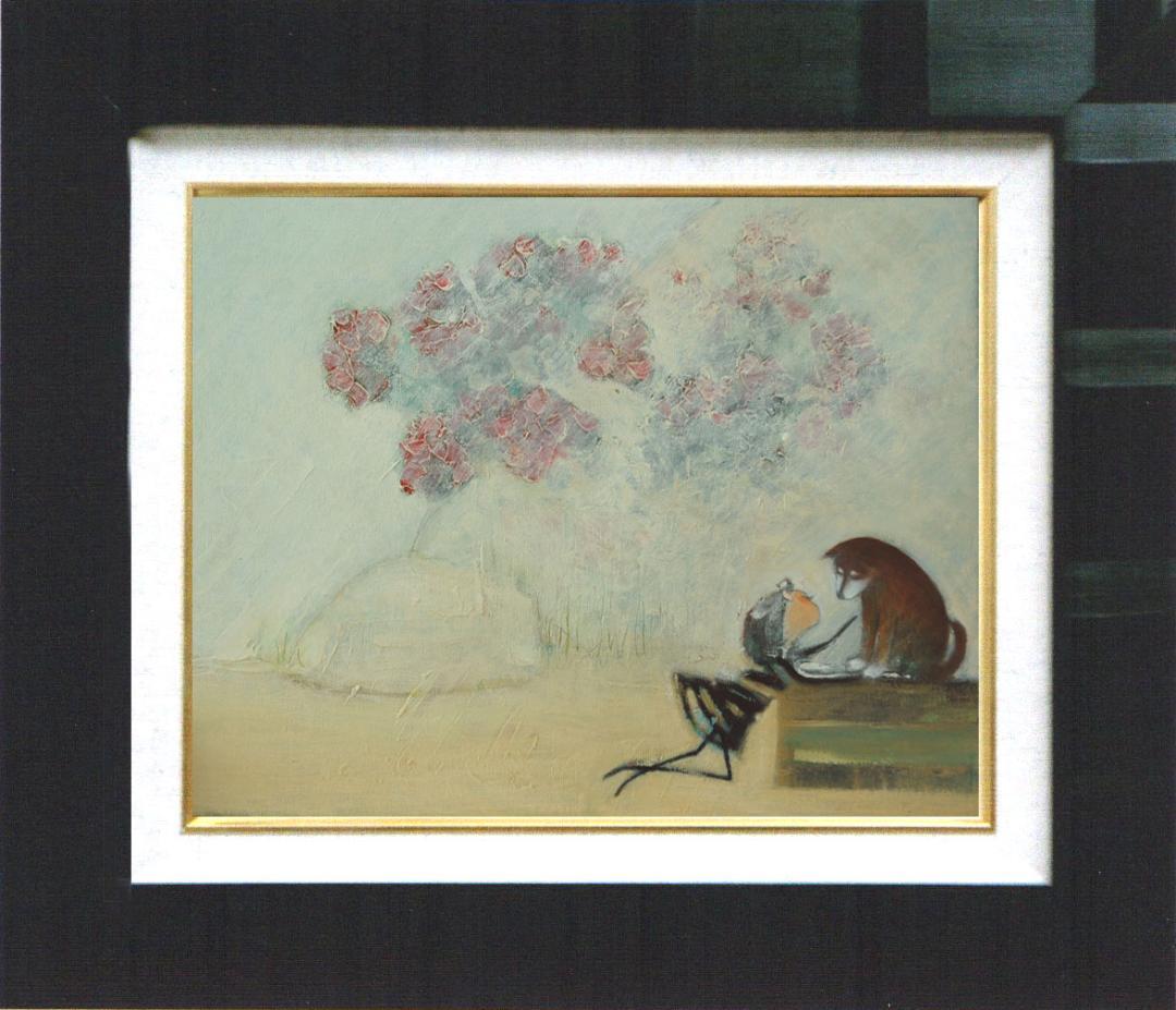 油絵菅家令子 絵 絵画インテリア額付(青緑＋金色の枠)uF6-071619犬女子