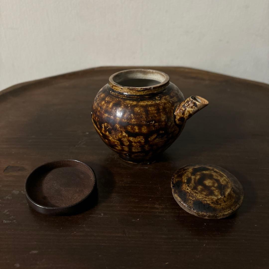 李朝飴釉薬蓋つき注ぎ口　酒器　煎茶　花入　アンティーク　古美術　骨董　　古美術