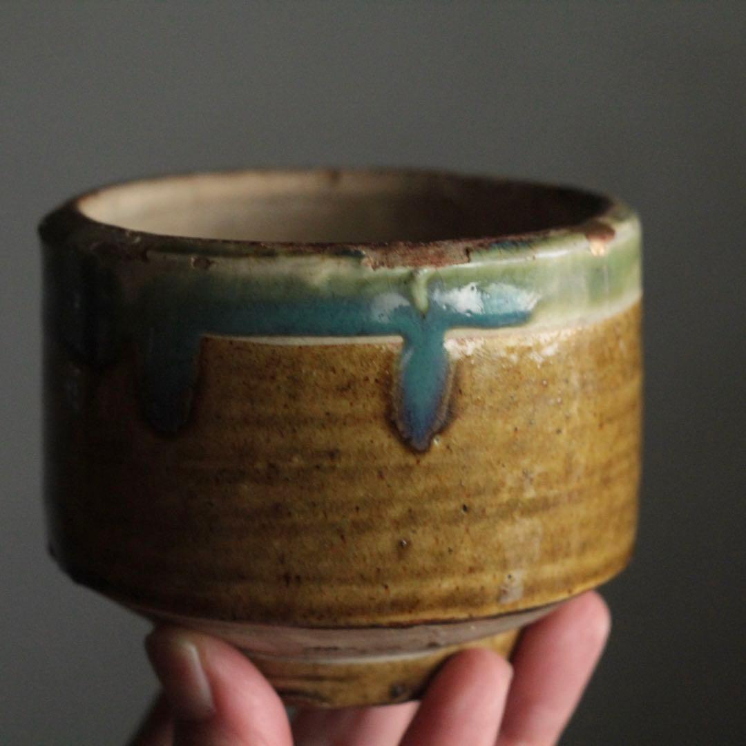 壺屋焼 緑掛け飴釉 火入 筒茶碗 古道具 アンティーク