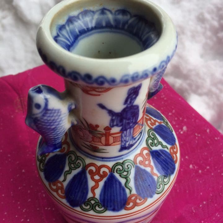 2067様感謝‼️大陸の彩魚耳 南画調 在銘　萬歴倣い  壺