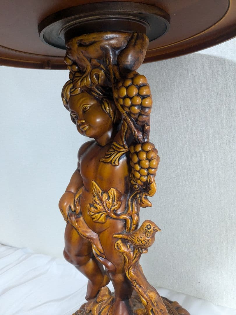 サイドテーブル 丸テーブル 木製 彫刻 天使