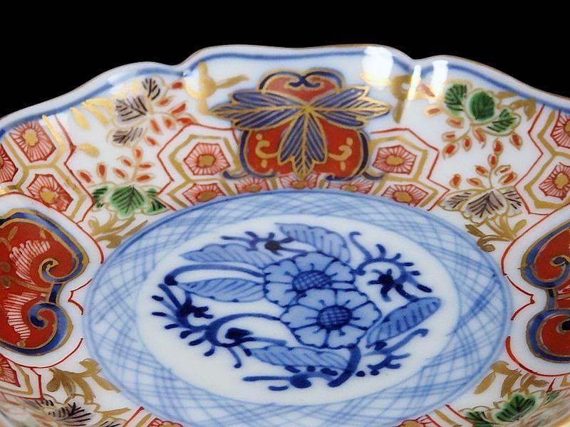 大聖寺伊万里　金襴手　草花に亀甲紋の図　４寸皿　５枚　233AS-CVy