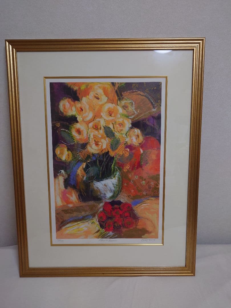 アンドリュープライス　黄色いバラ　版画　絵画　花　静物画　花瓶　額入り