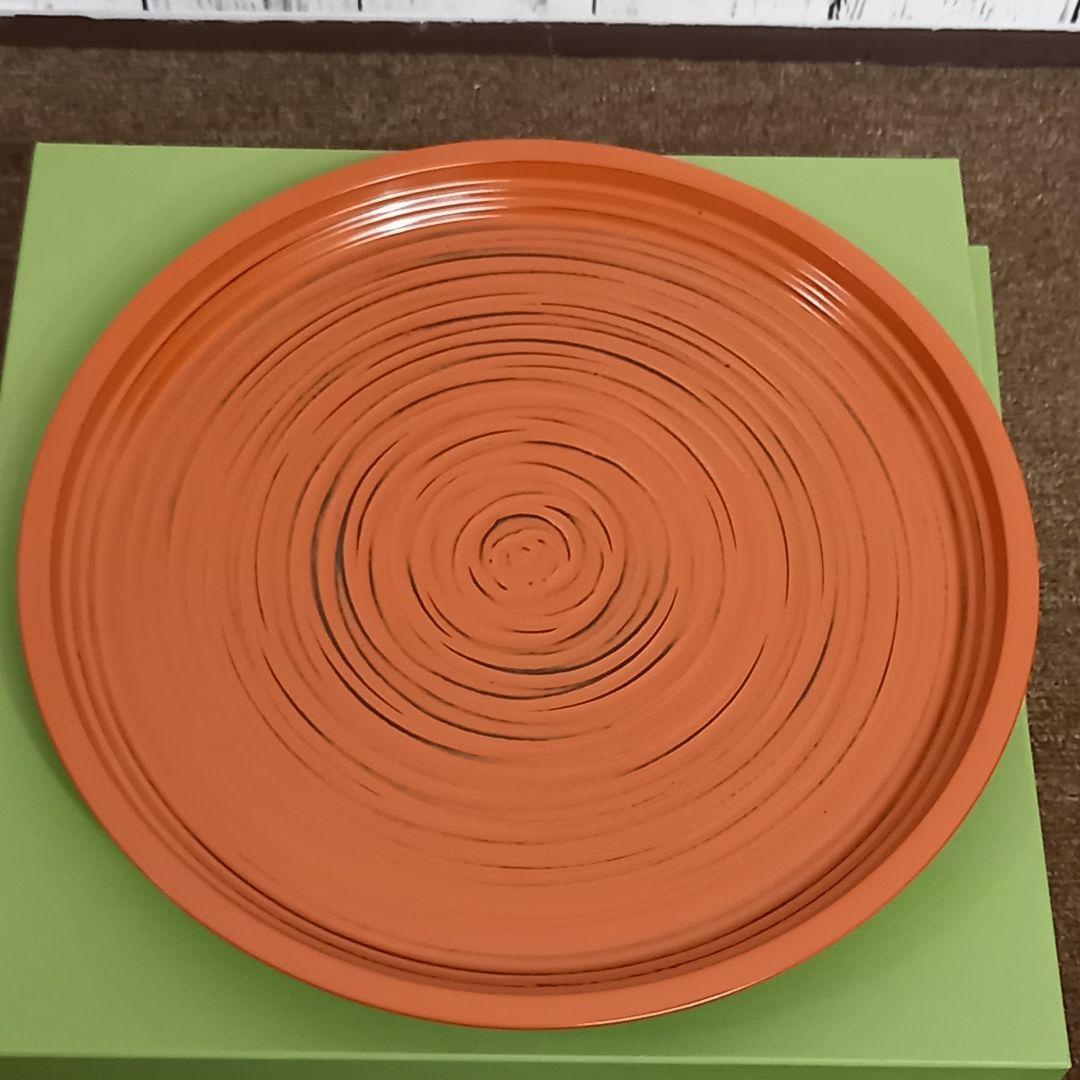 【未使用】象彦の丸盆　(根来塗　漆器　ロクロ目　朱塗り　丸盆　中)2枚セット