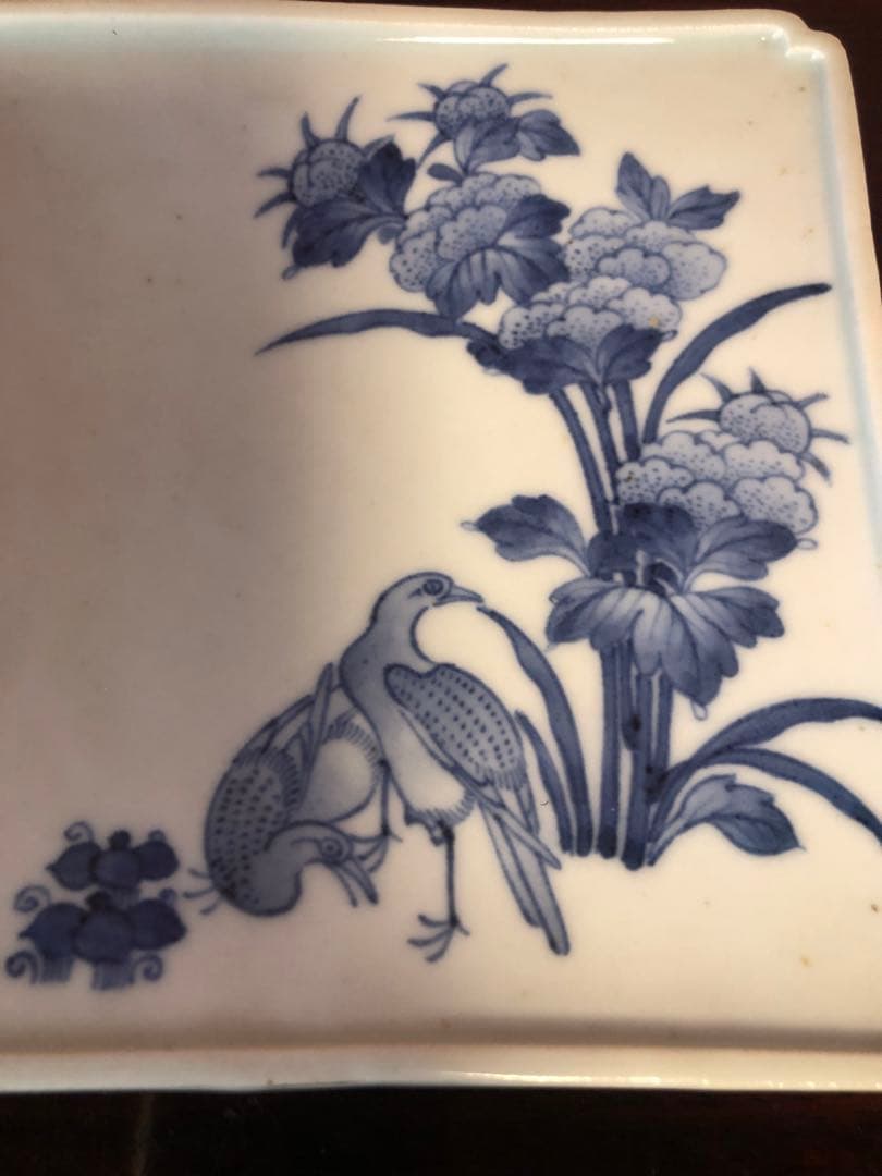 藍九谷もしくは藍鍋島の花鳥文隅入染付角皿5客桐箱入