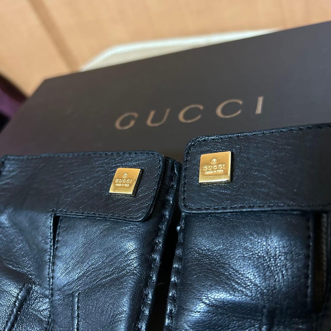 GUCCI ロゴプレートレザーグローブ 革手袋 ブラック
