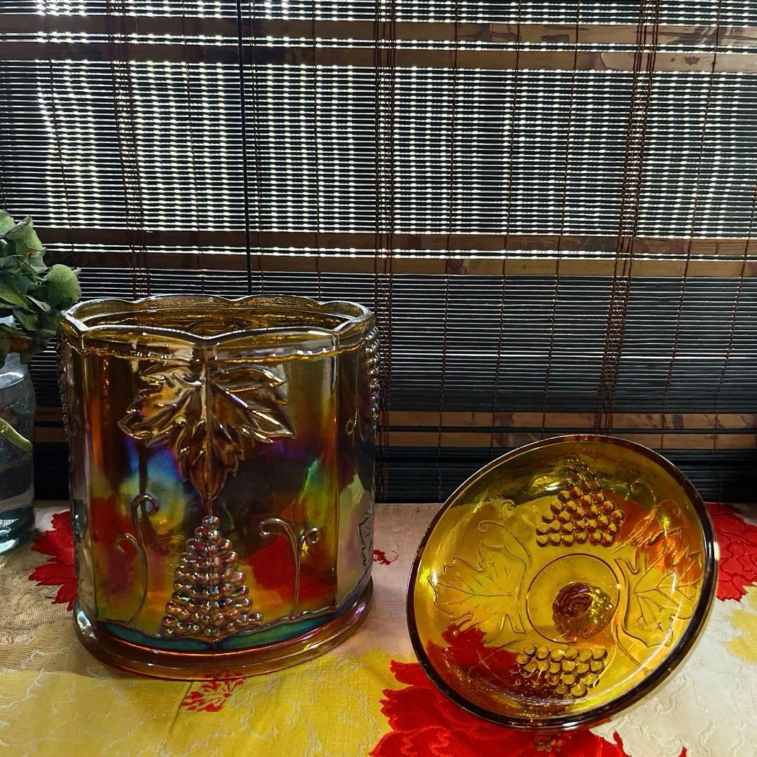 骨董　レトロプレス　カーニバルグラス　アンバー　ラスター彩葡萄模様　キャニスター