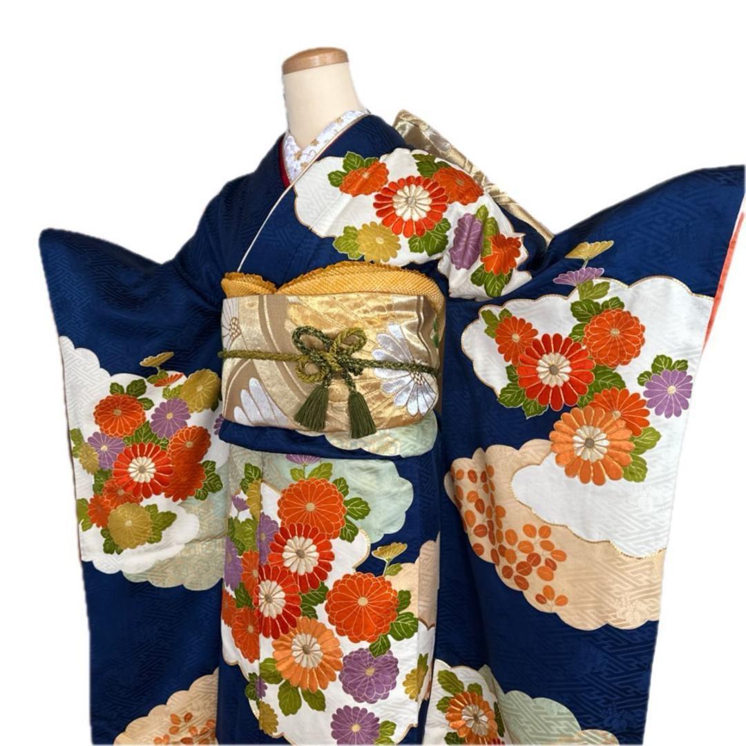 大正ロマンレトロ可愛い紺地×金駒刺繍♡振袖フルセット セミアンティーク 成人式