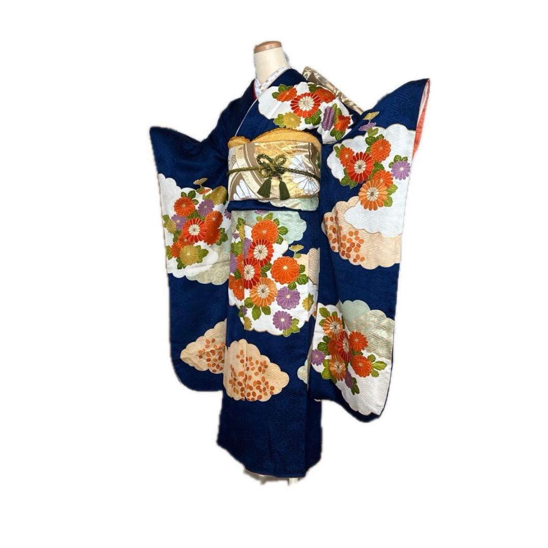 大正ロマンレトロ可愛い紺地×金駒刺繍♡振袖フルセット セミアンティーク 成人式