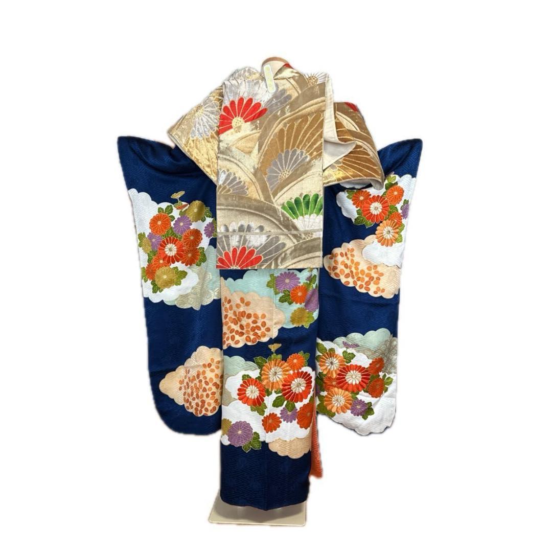 大正ロマンレトロ可愛い紺地×金駒刺繍♡振袖フルセット セミアンティーク 成人式
