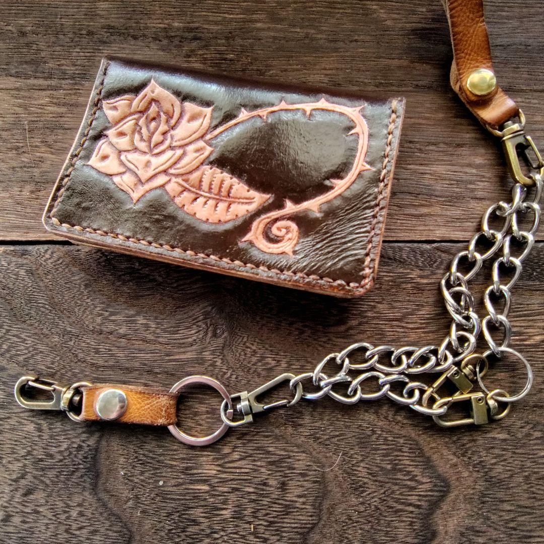 ミドルサイズ　トラッカー　ウォレット　茶×黒　手染め　薔薇