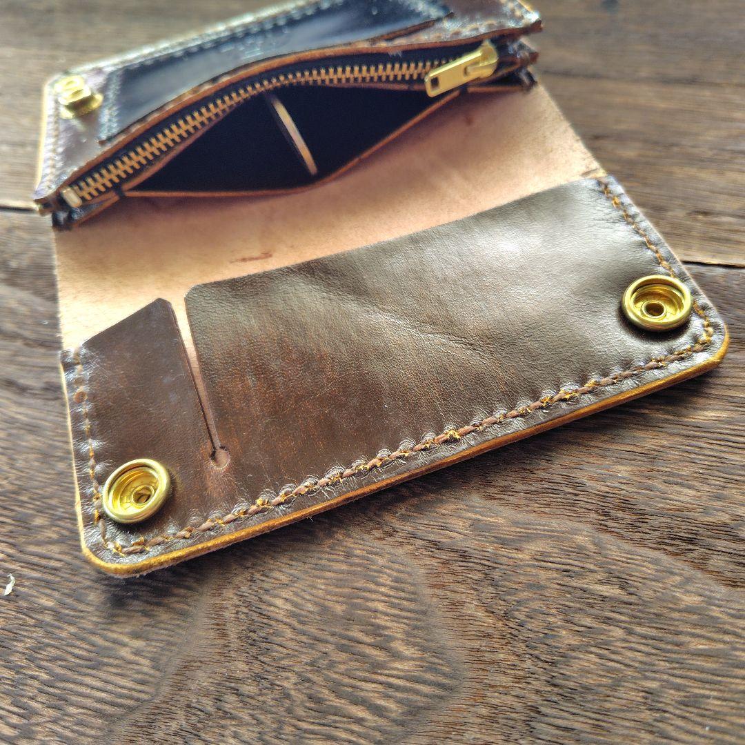 ミドルサイズ　トラッカー　ウォレット　茶×黒　手染め　薔薇