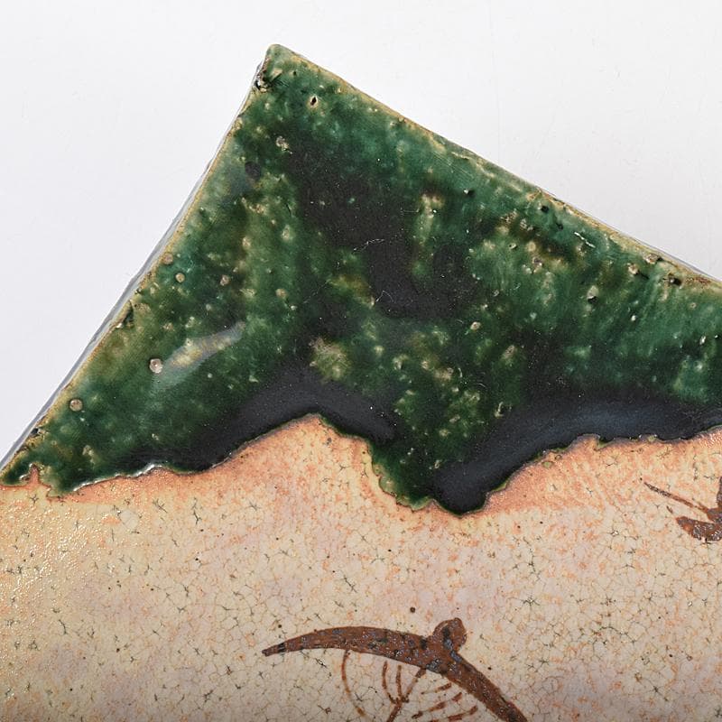 北大路魯山人作　織部焼　鳥絵　長四方皿　狙板　共布　極め箱　D　R7695B