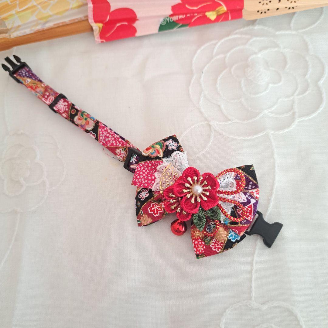 chachamalお正月、つまみ細工リボン(赤③)わんちゃん猫ちゃん用首輪