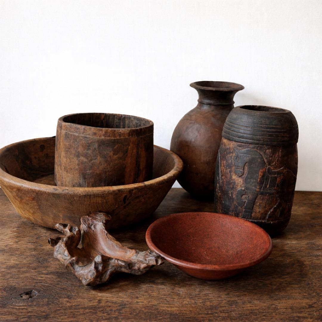 【民藝・プリミティブ】古木 くり抜き 木鉢 木桶 原木　花器含む 6点セット
