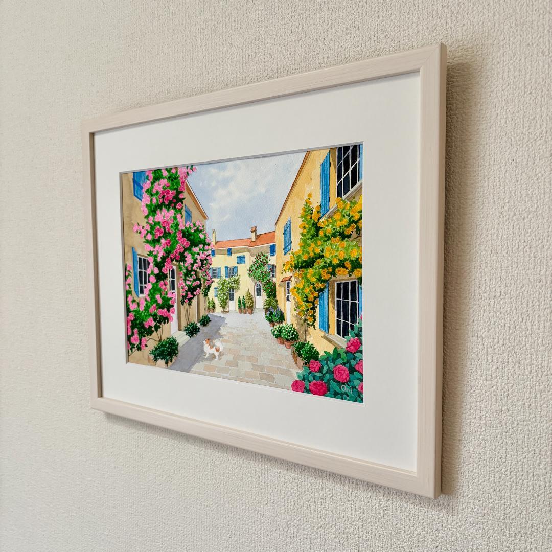 透明水彩画　原画　「花の咲く路地06」額縁付き　F4サイズ　風景画