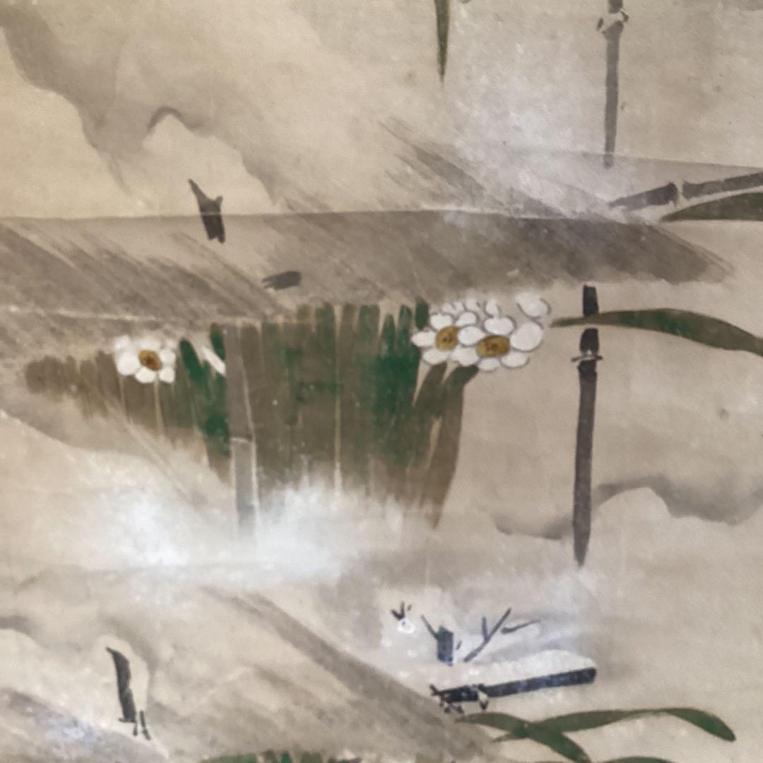 酒井抱一　　紙本彩色画　【　雪中水仙に小禽図　】　落款印譜　掛軸一幅　377