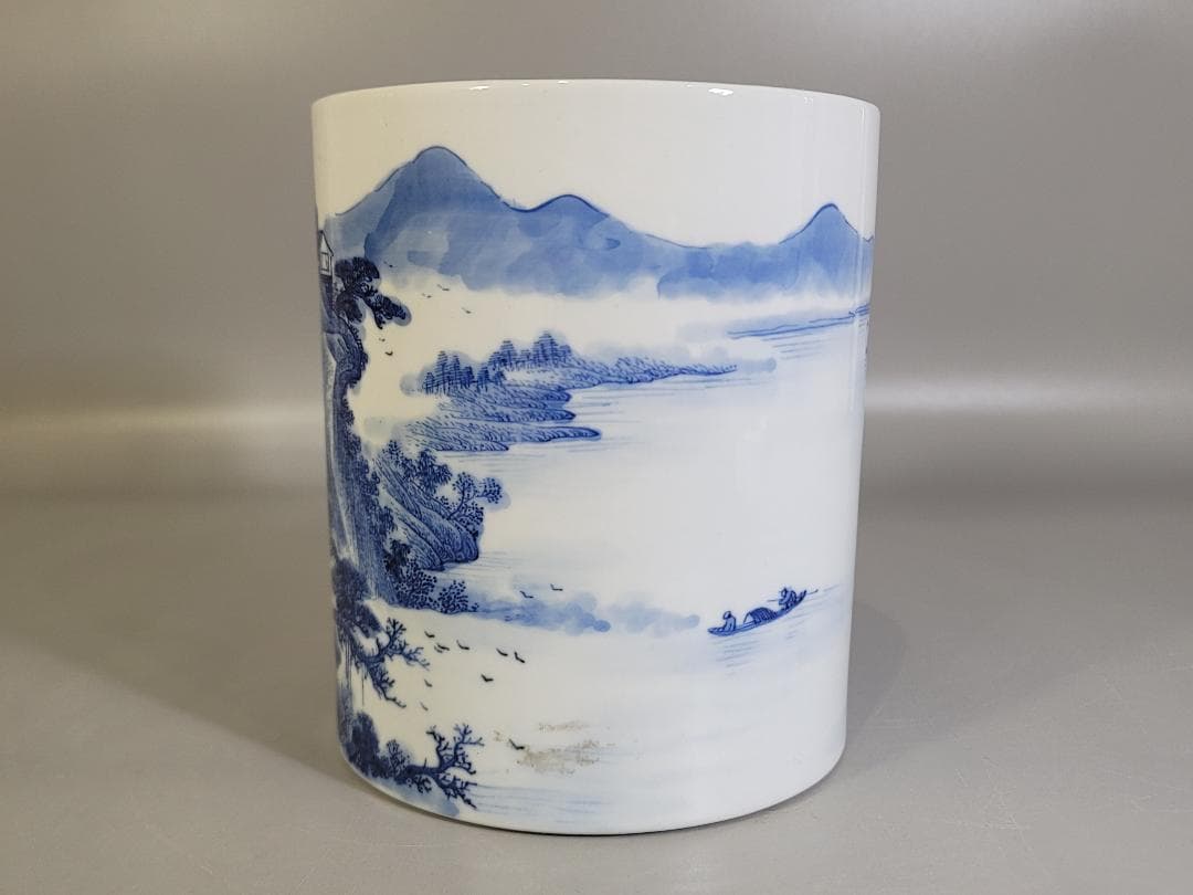 中国 染付 山水画 筆筒 光緒年製 書 文房具