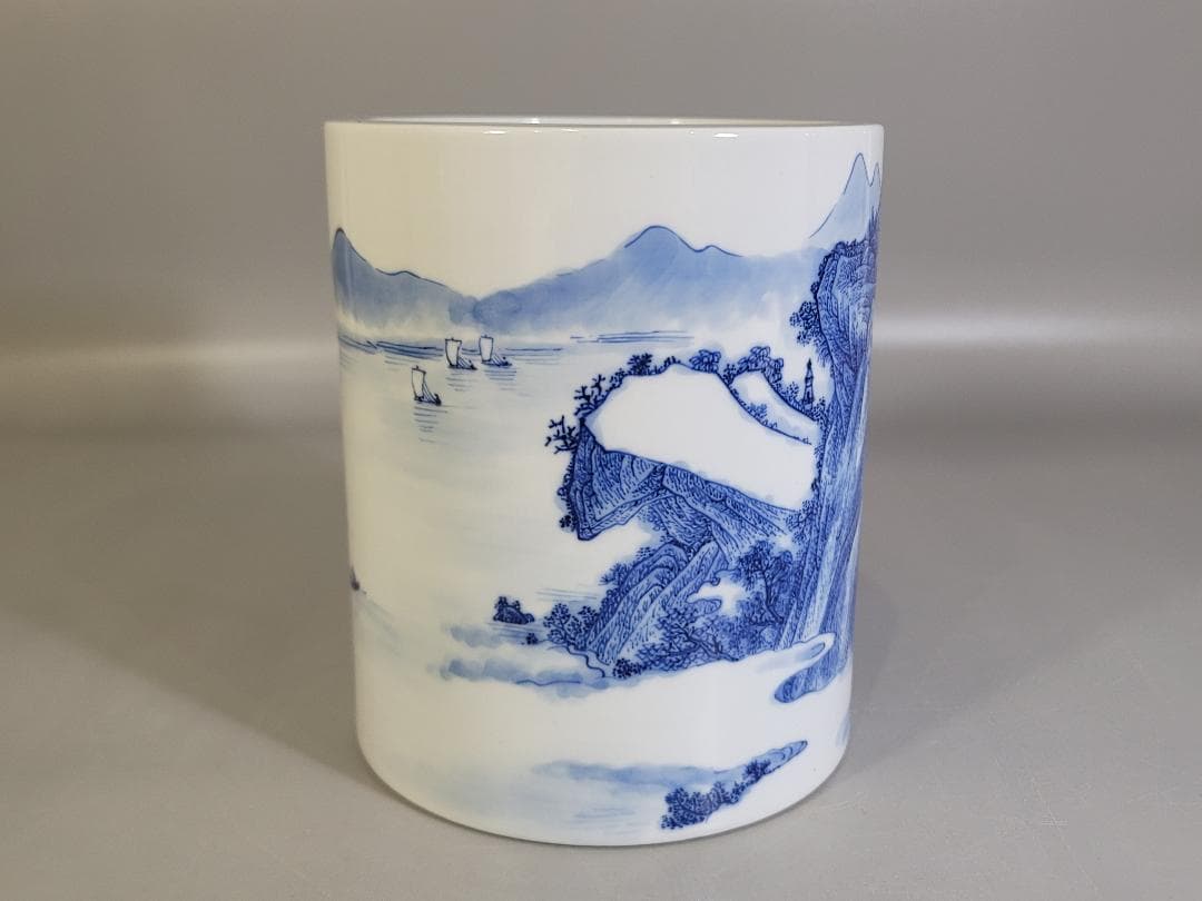 中国 染付 山水画 筆筒 光緒年製 書 文房具