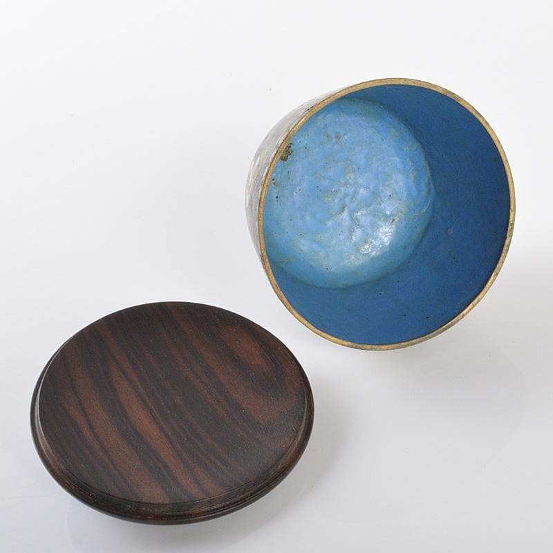 中国　古七宝琺瑯彩　花文　煎茶碗　黒柿蓋　時代箱　C　R6444