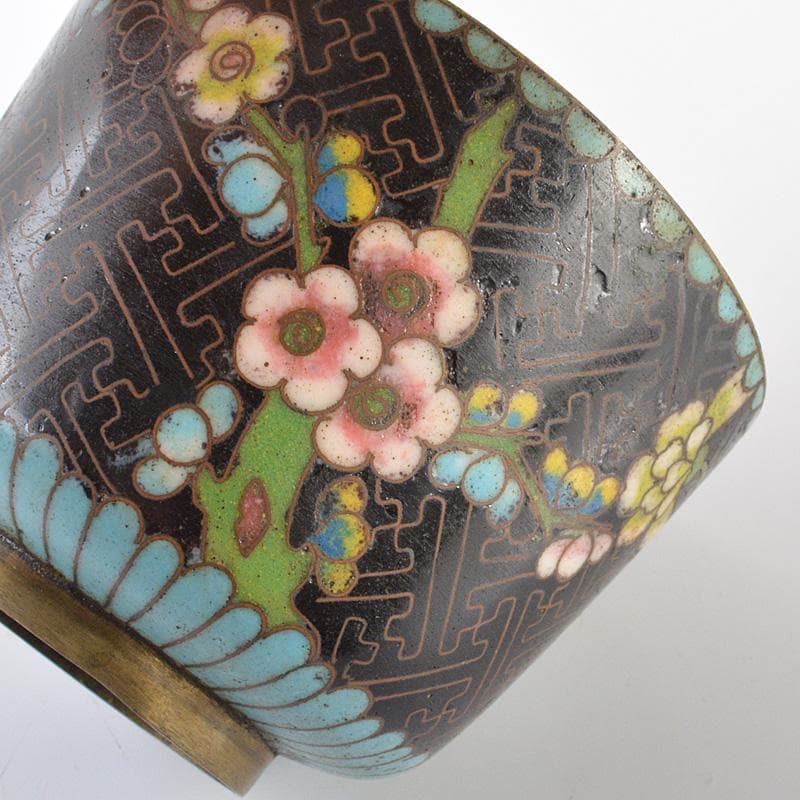 中国　古七宝琺瑯彩　花文　煎茶碗　黒柿蓋　時代箱　C　R6444