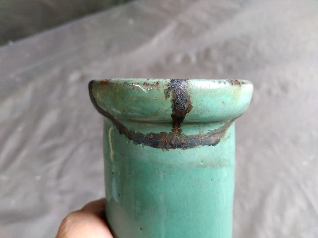 骨董　青緑色　細首　丸大壺