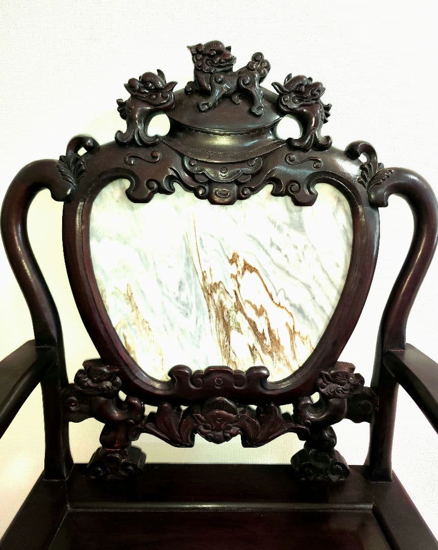 残り2脚　希少骨董　 大理石インレイ椅子　玉座　宮廷　紅木　紫檀　黒檀花梨李朝①