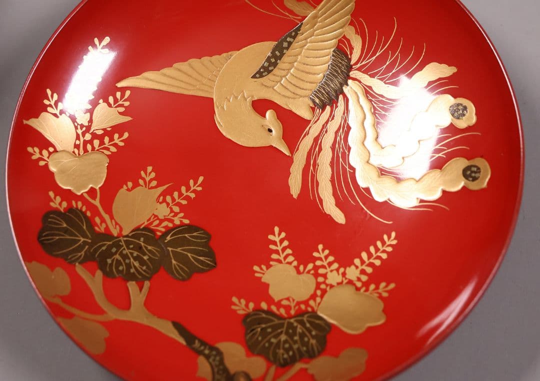 【MA776】時代木製漆器 桐鳳凰・菊 金蒔絵 朱塗 引盃 五客 木製漆器 小皿