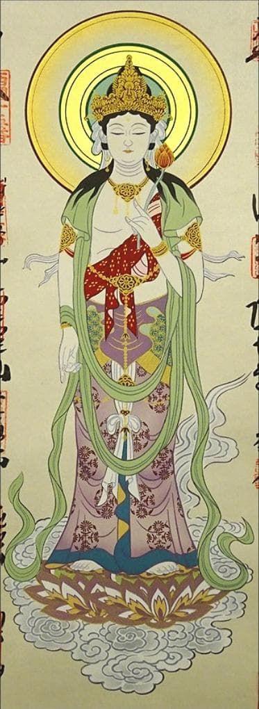 掛軸『西国三十三箇所霊場御朱印 観音菩薩』仏画 絹本 箱無 掛け軸 x10276