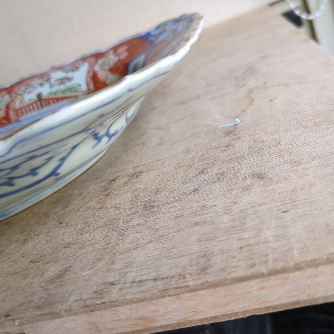 骨董 古伊万里 角皿 輪花 手描き 花鳥図 平鉢 大皿 陶器 飾り皿