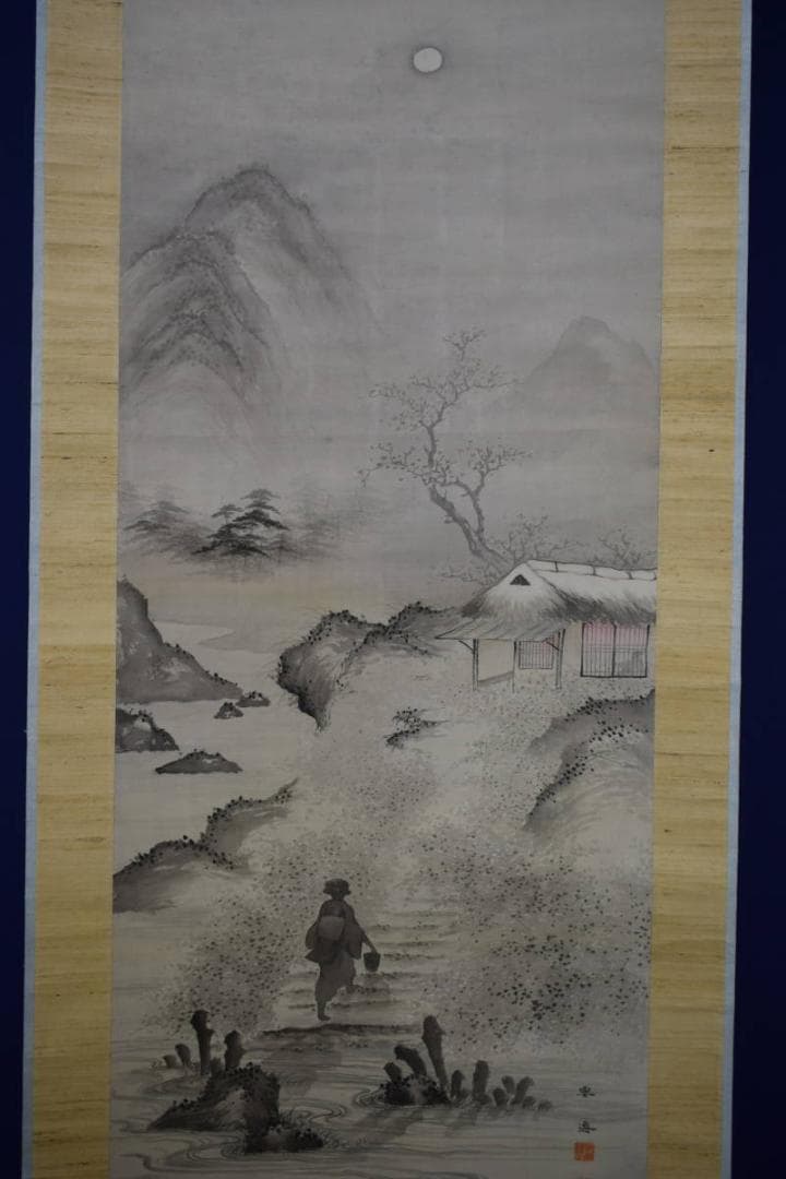 真作/庭山雲海/夜景山水図/布袋屋掛軸HE-927