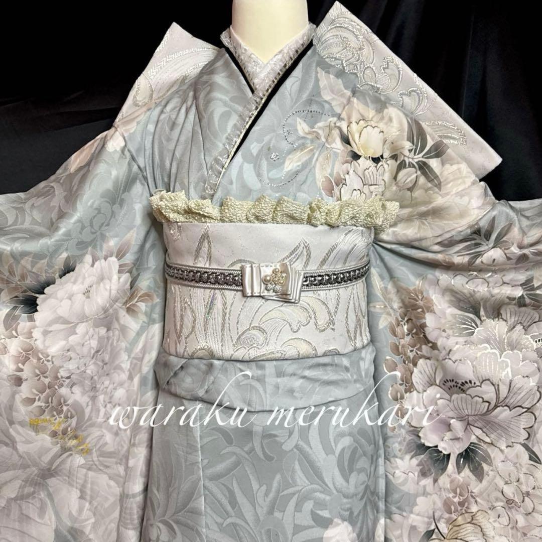 ♦︎くすみ水色♦︎銀彩加工♦︎豪華刺繍♦︎牡丹紋♦︎成人式♦︎
