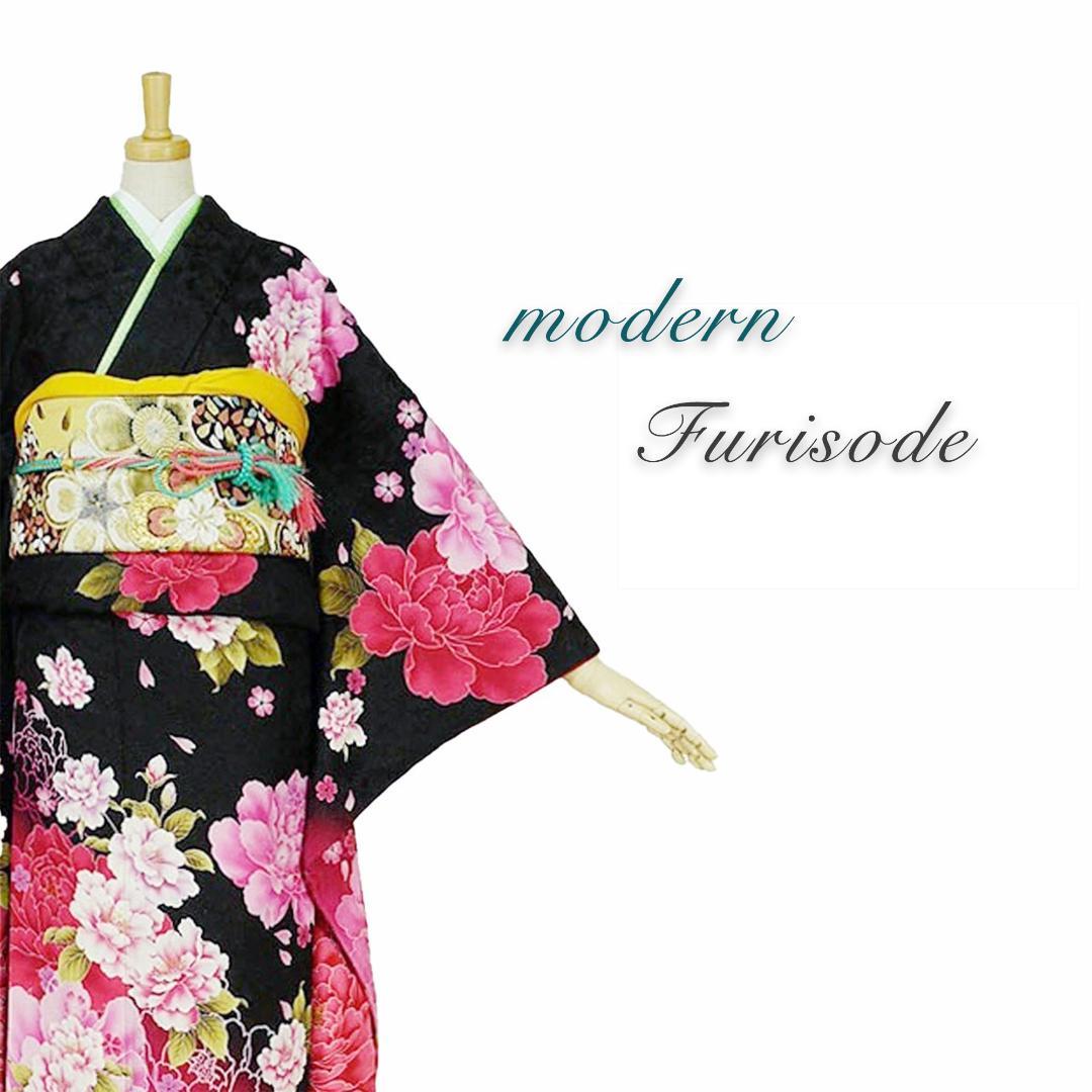 【正絹・仕立て上がり】 振袖 黒 モダン 成人式 前撮り C309