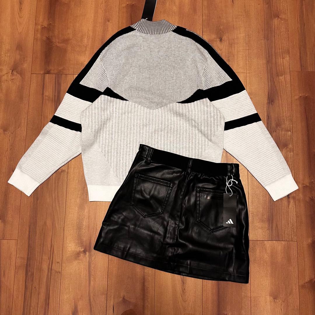 モックネック　ビックシルエット　長袖　ニット　レザースカート　セットアップ　秋冬