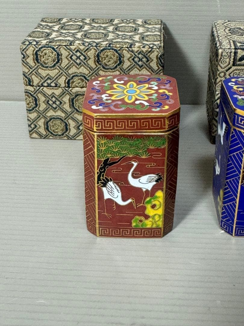 2161 七宝焼　景泰藍　鶴文　小物入れ　2客
